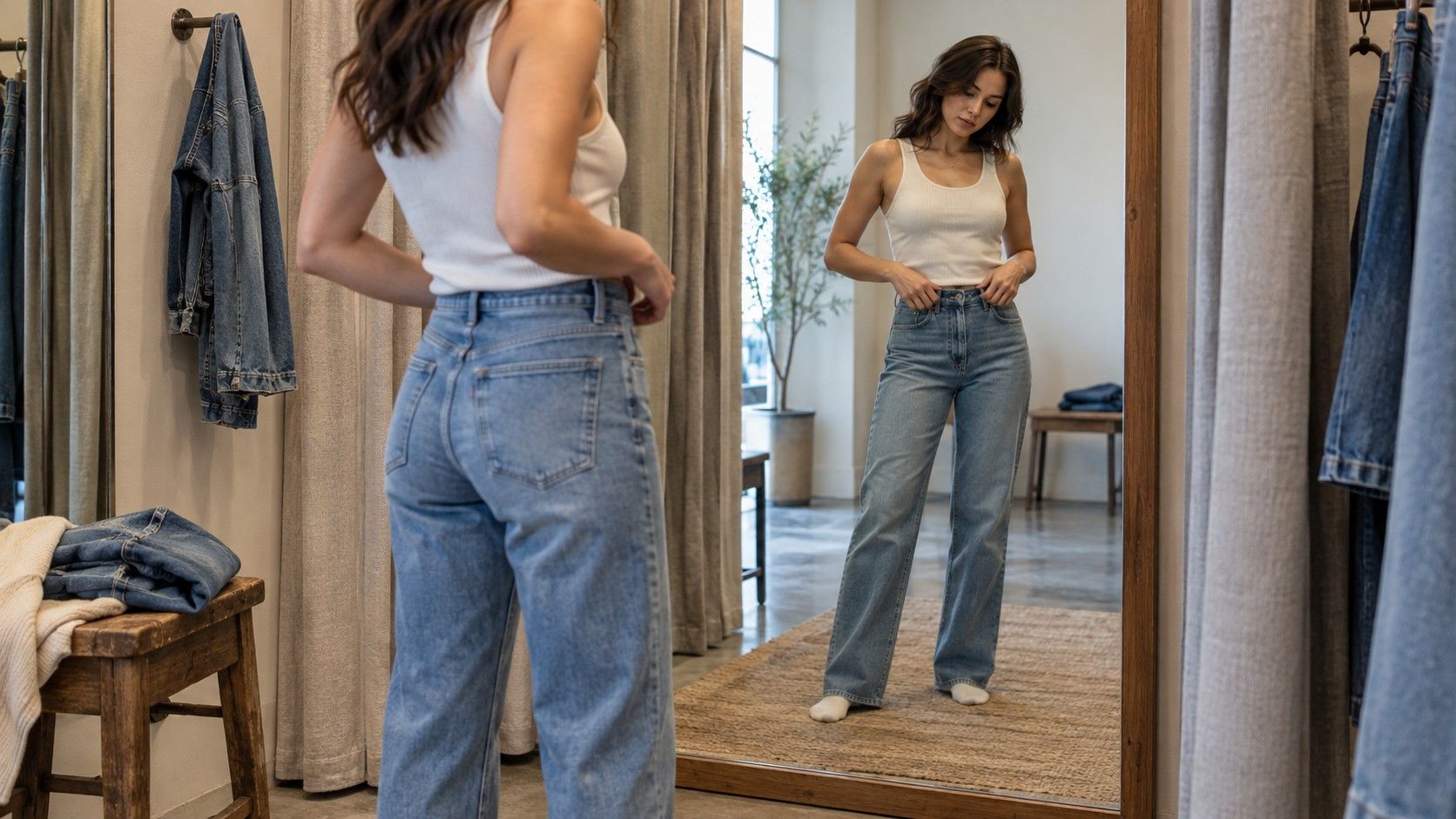 Woman checking the fit of jeans in a mirror