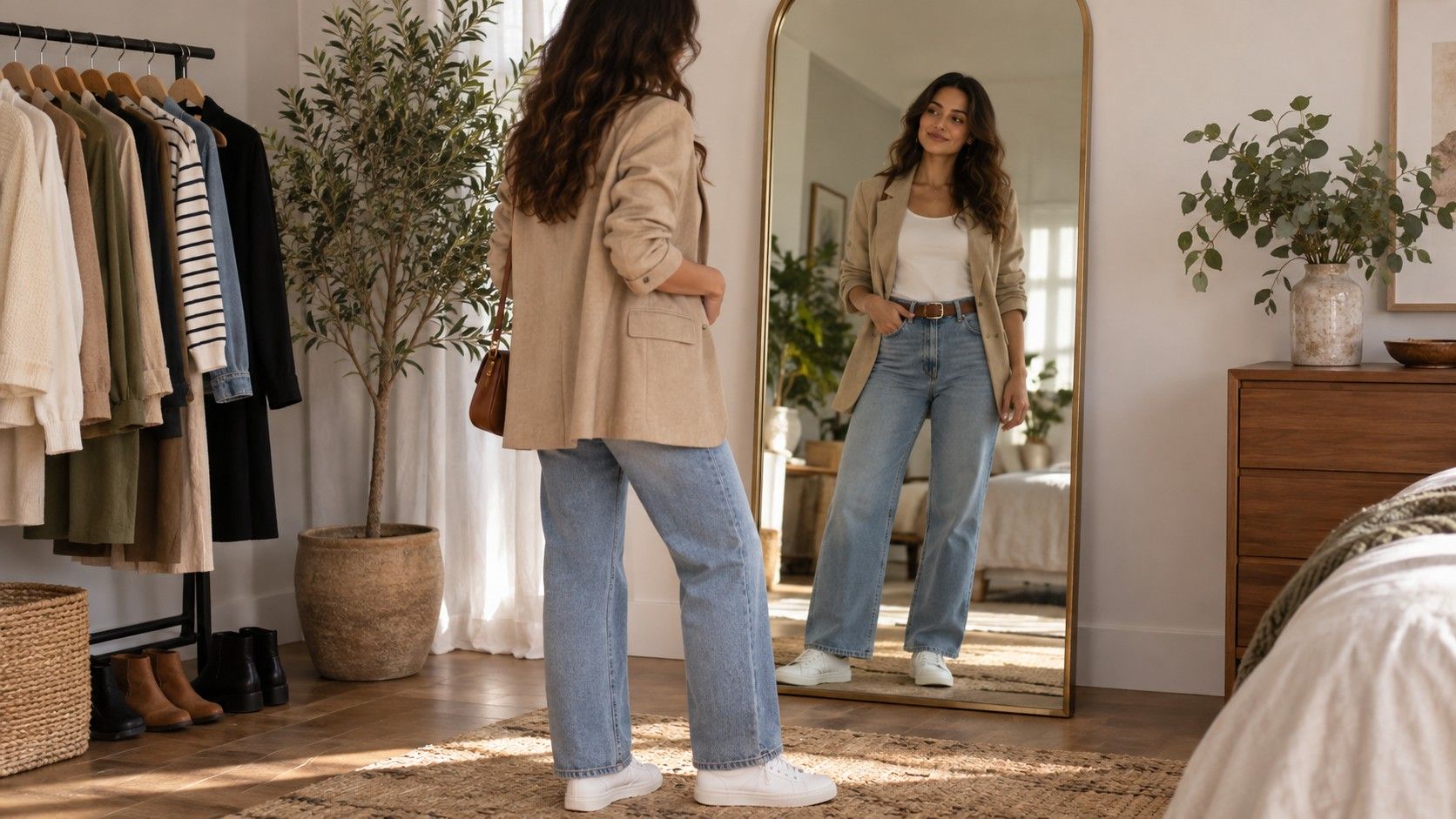 Person checking outfit proportions in a full-length mirror