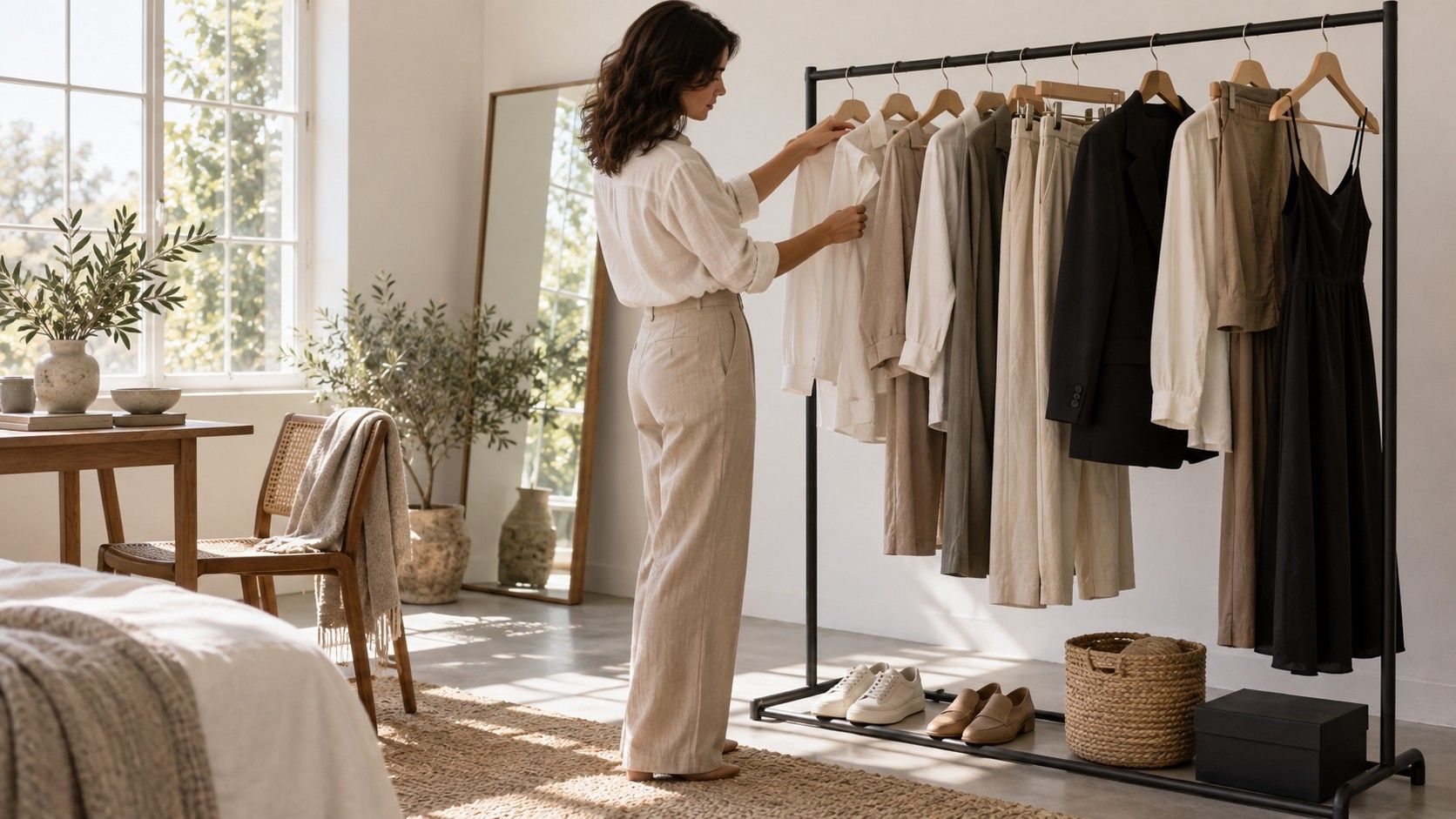 Neutral capsule wardrobe on a clothing rail