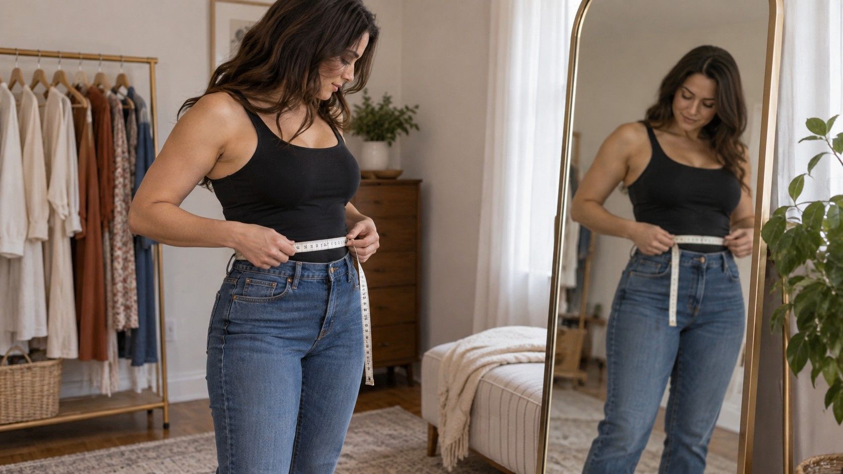Checking body proportions in a full-length mirror